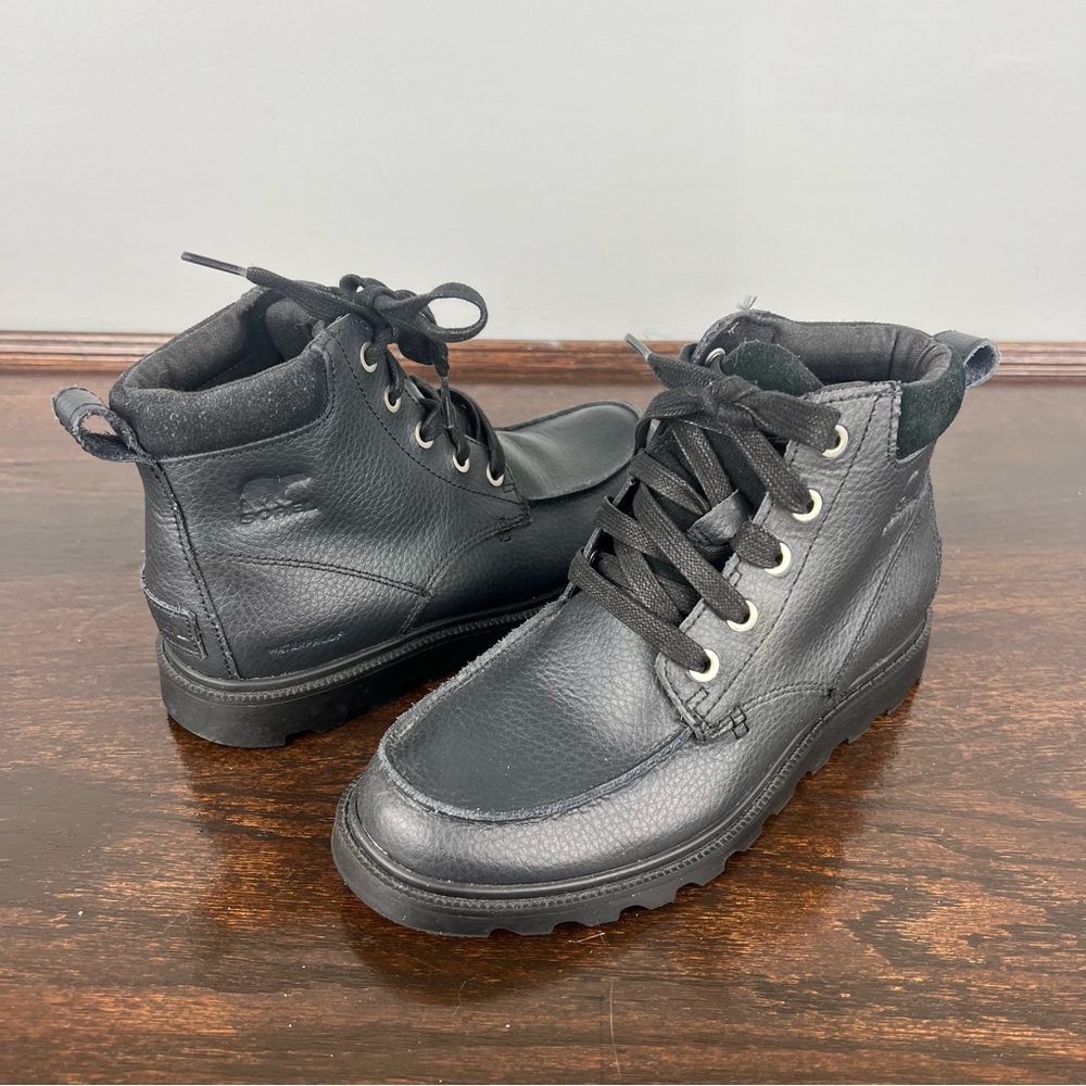 Sorel Madson Youth Boots Waterproof Leather Moc Toe Shoes Size 2 Black